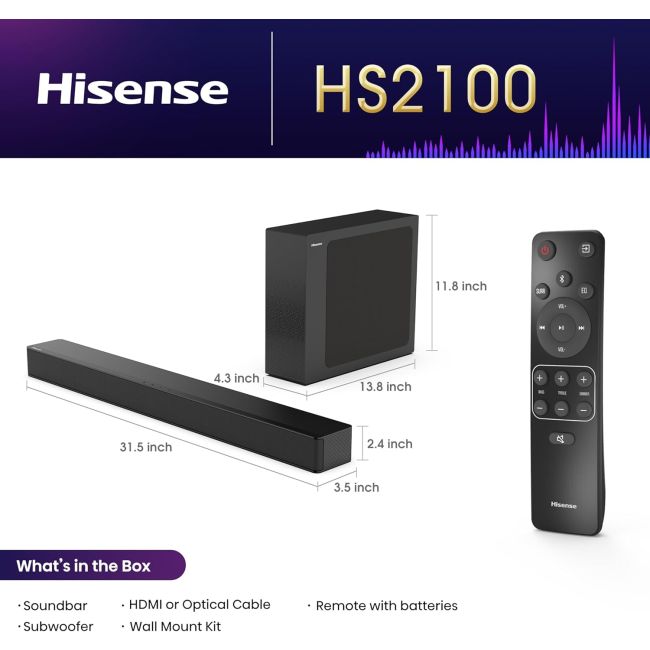 Hisense | Barre de son 2.1 canaux 240 W avec caisson de basses sans fil | HS2100 Hisense | Barre de son 2.1 canaux 240 W avec caisson de basses sans fil | HS2100